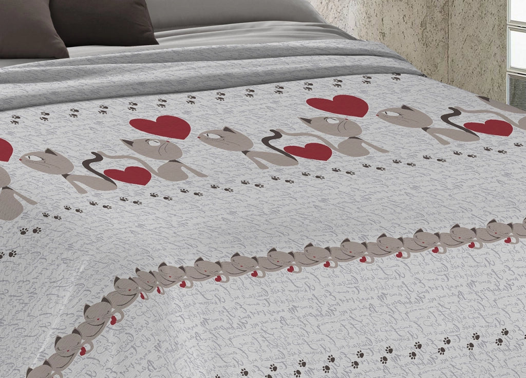 Copriletto Piquet Primavera Estate 100% Cotone Disegno Gattini Cuori - Singolo - Beige