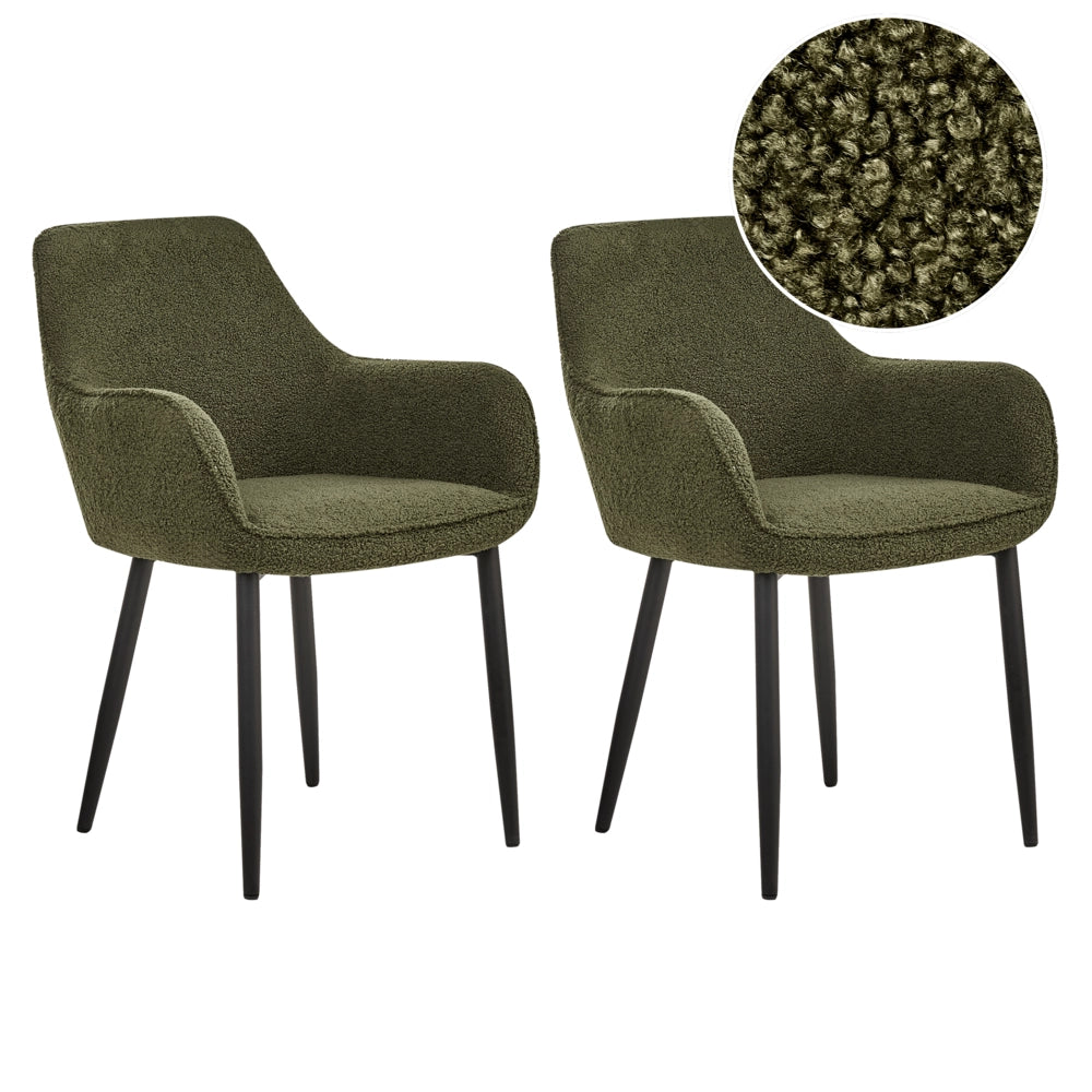 Set di 2 sedie da pranzo in tessuto bouclè verde scuro braccioli schienale intagliato gambe in metallo moderna industriale