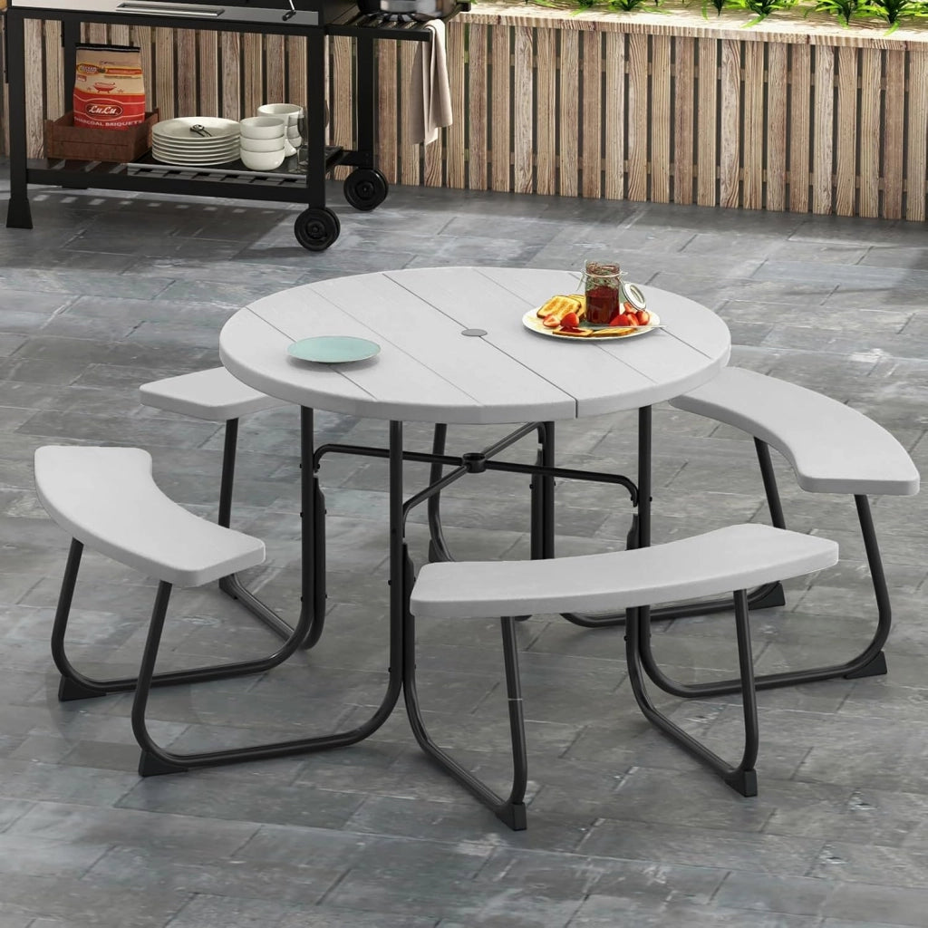 Set da Giardino per 8 Persone, Tavolo Rotondo da Picnic con 4 Panche, Tavolo da Birra in HDPE con Foro per Ombrellone, Set da Esterno Resistente