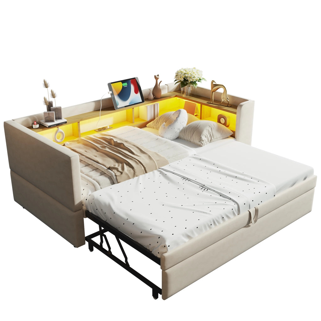Letto divano estraibile in flanella beige 90/180x190 cm