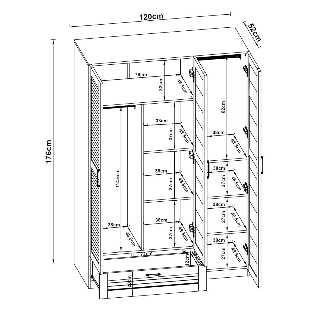 Armadio Guardaroba Finning con Ante a Persiana e Cassetto 176 x 120 x 52 cm Bianco [en.casa]