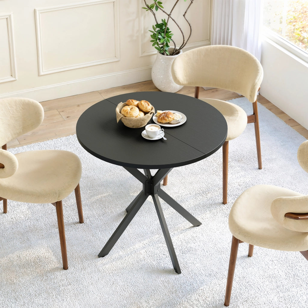 Tavolo da pranzo rotondo con gambe a X in ferro, piano nero, per cucina e home office, diametro 80 cm