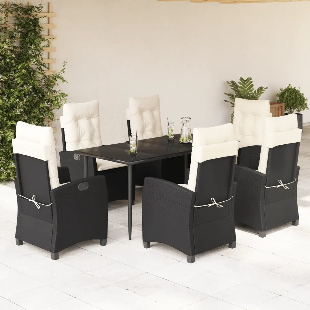 Set da Pranzo da Giardino 7 pz Nero con Cuscini in Polyrattan