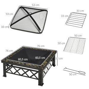 BRACIERE Quadrato 76x76x47 cm Acciaio Nero con Griglia e Coperchio a Rete