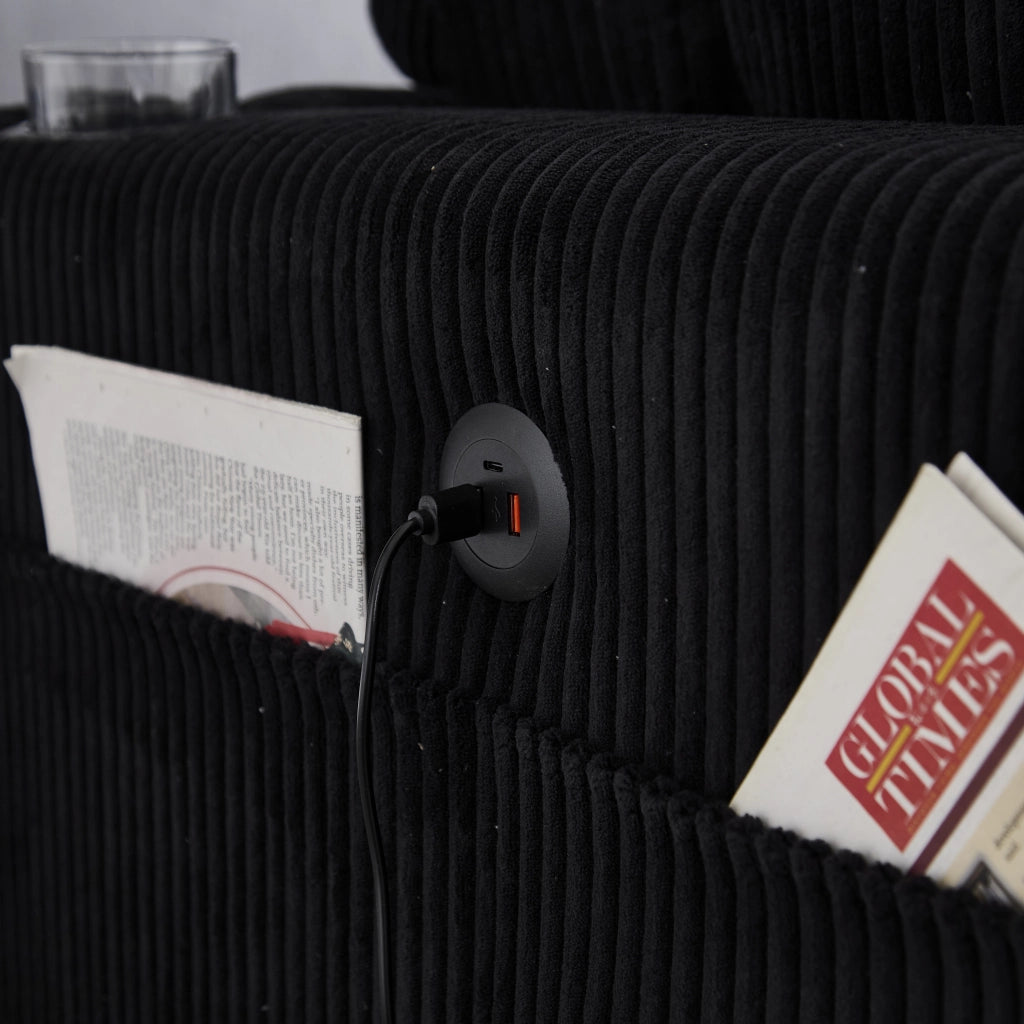 Divano modulare 2 posti con USB; portabicchieri e tasche laterali in tessuto a coste nero