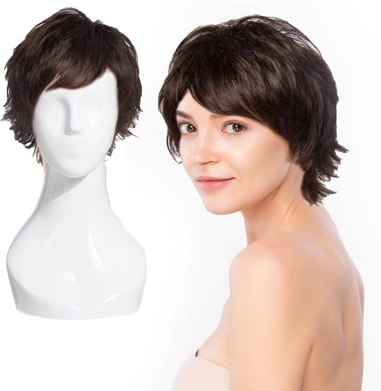 Parrucco naturale in capelli artificiali - corto - marrone scuro - con coda di cavallo - un pezzo