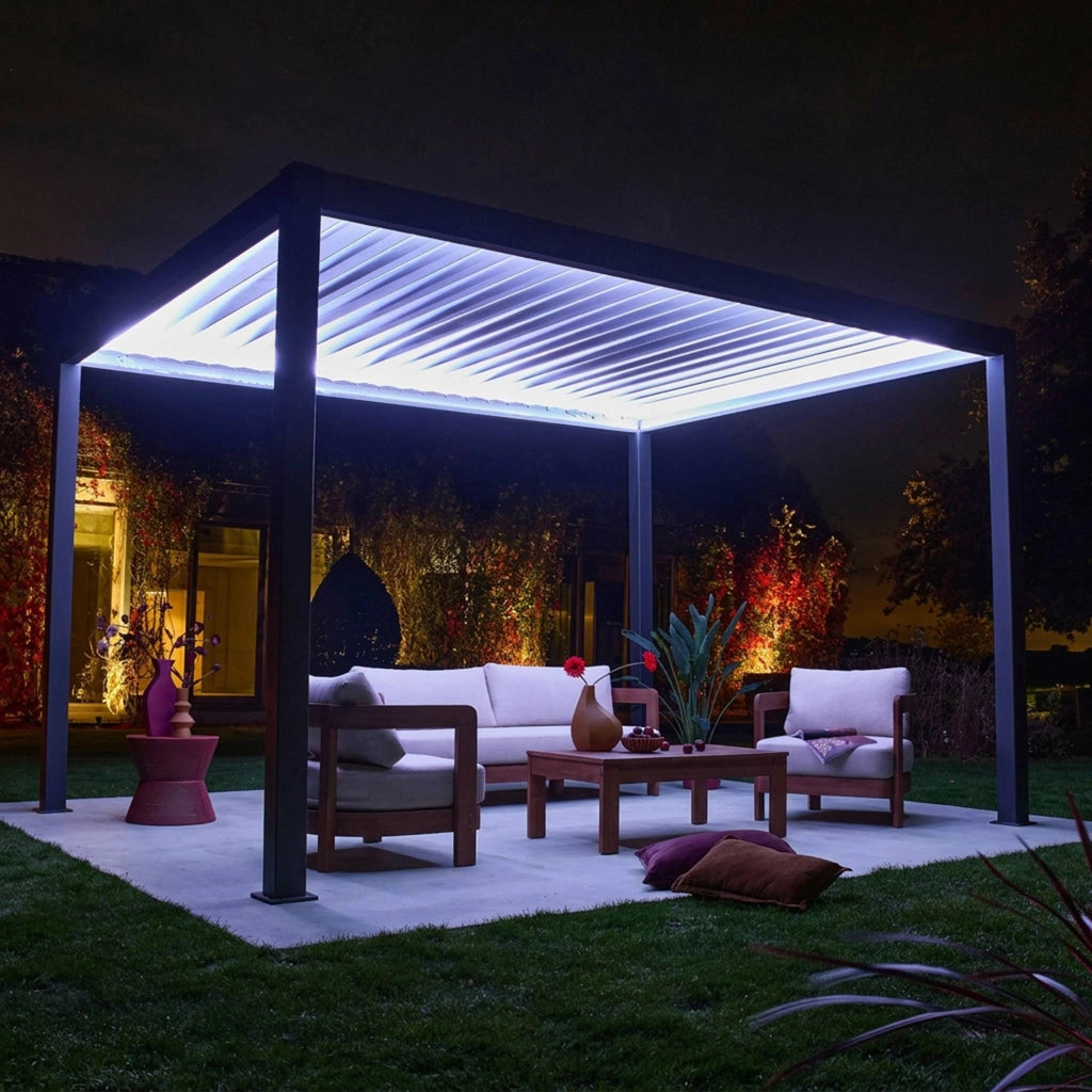 Pergola bioclimatica elettrica 3x4m in alluminio con illuminazione a