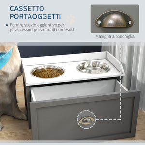 Ciotole per Cani Rialzate 60x30x36 cm con Cassetto in Acciaio Inox e Legno Grigio
