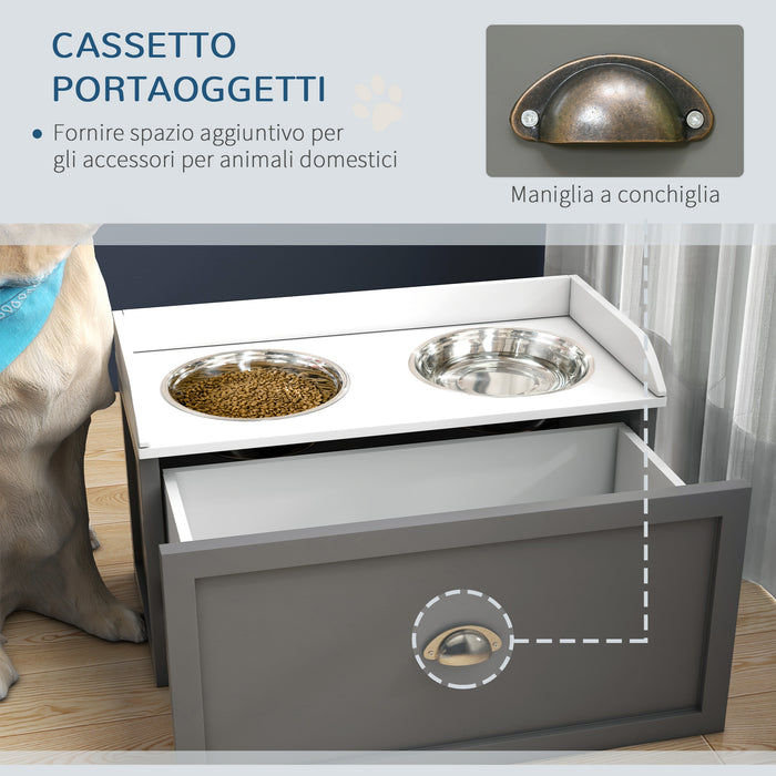 Ciotole per Cani Rialzate 60x30x36 cm con Cassetto in Acciaio Inox e Legno Grigio