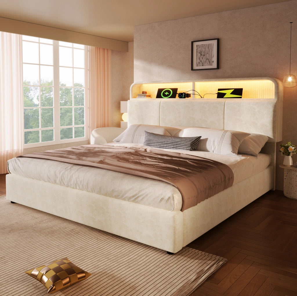 Letto imbottito 140x190 cm beige con LED, USB/Type-C e contenitore