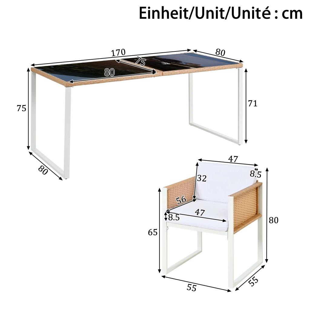 Set tavolo e sedie da esterno 1 tavolo + 6 sedie con cuscini in rattan sintetico; vetro e tessuto marrone e bianco