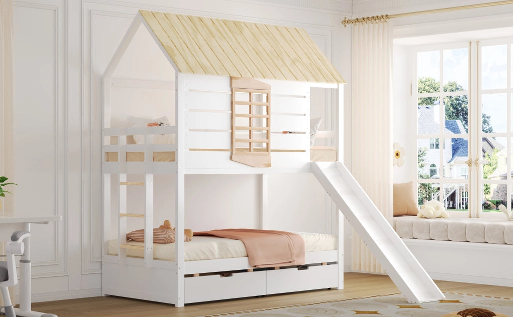 Letto a castello a forma di casa 90x200 cm con scivolo e 2 cassetti, colore bianco e naturale