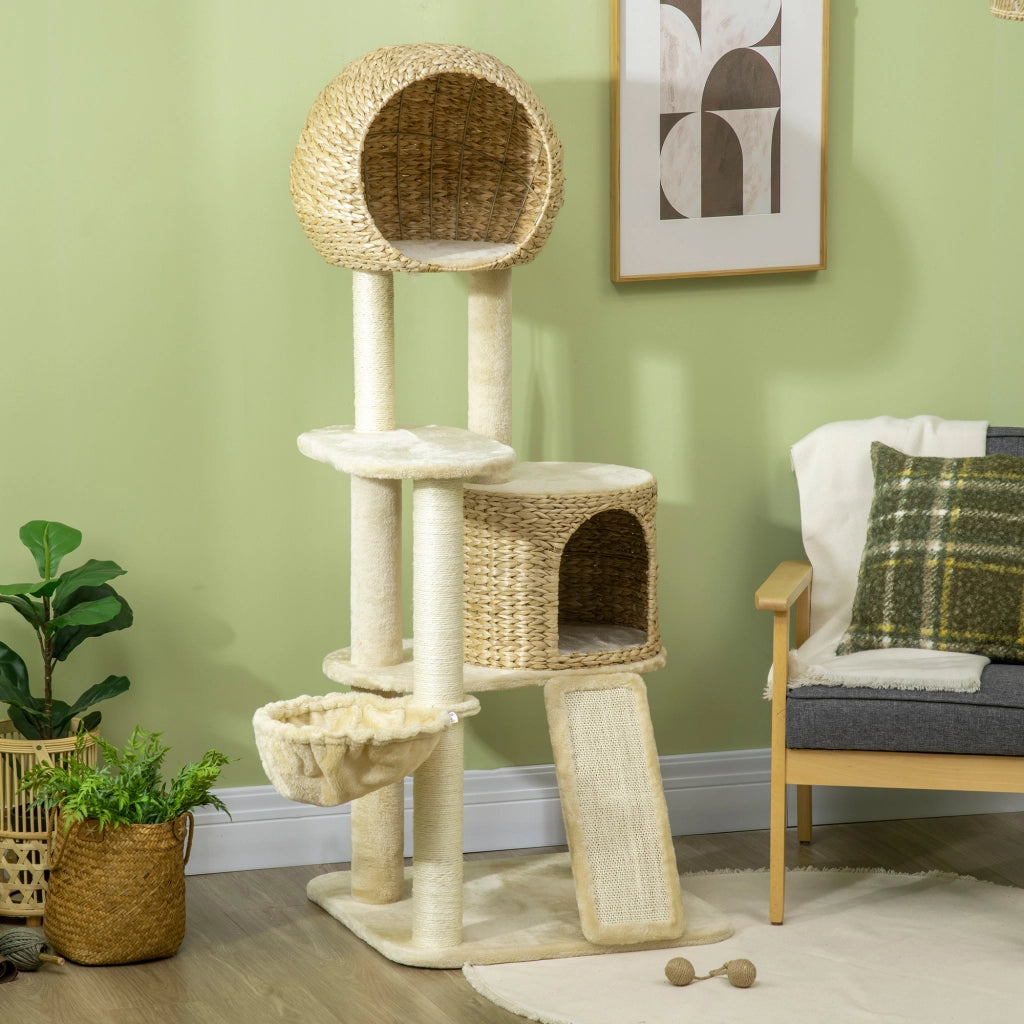 Albero Tiragraffi per Gatti con Cuccia in Rattan, Hамaca, Piattaforme Multiple e Antiribaltamento, Beige