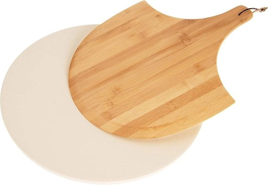 Set per pizza 2 pezzi // Set per pizza con spatola // cordierite, rotondo Ø 38 cm // Spatola per pizza in bambù