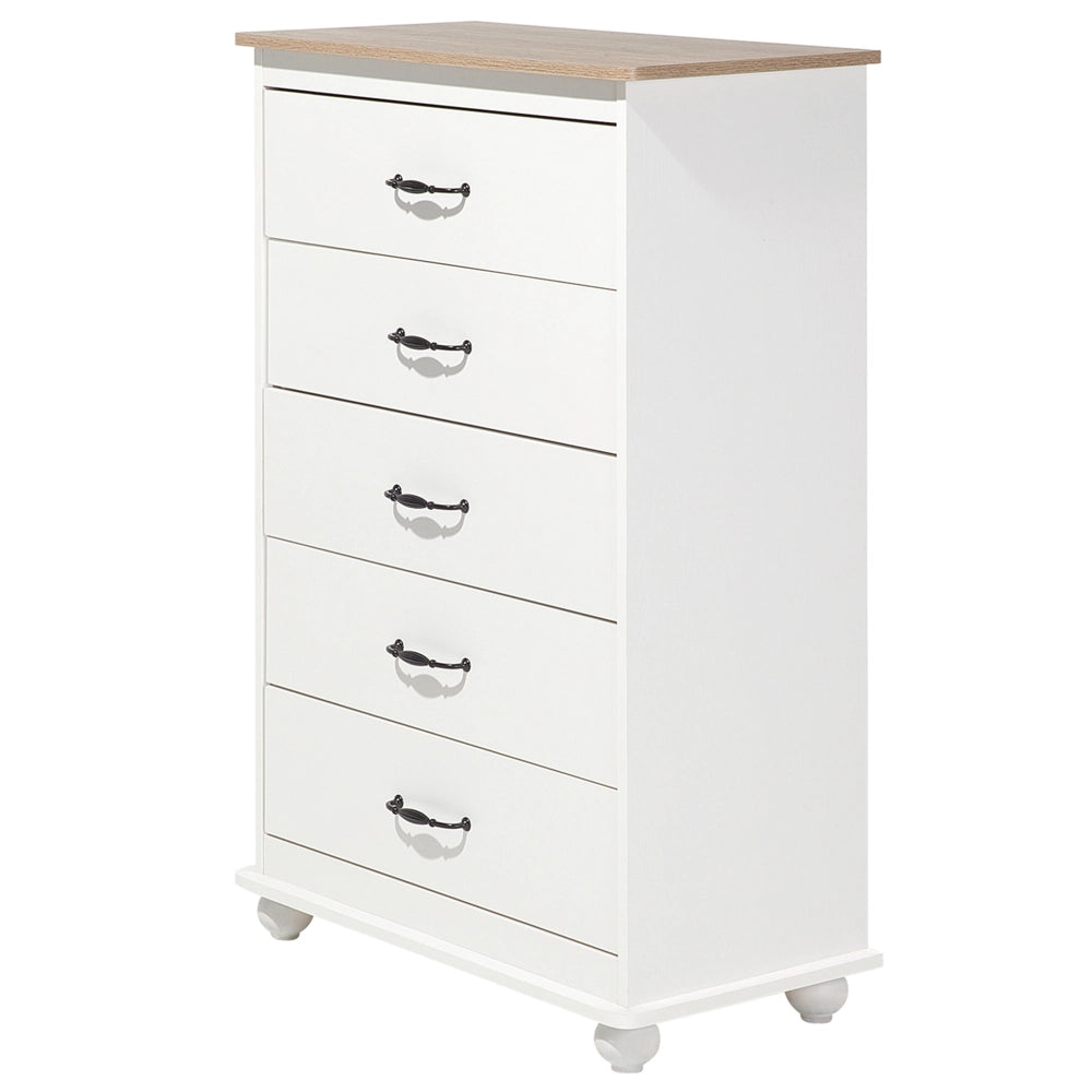 Cassettiera bianca con legno chiaro 5 cassetti credenza contenitore in stile scandinavo minimalista