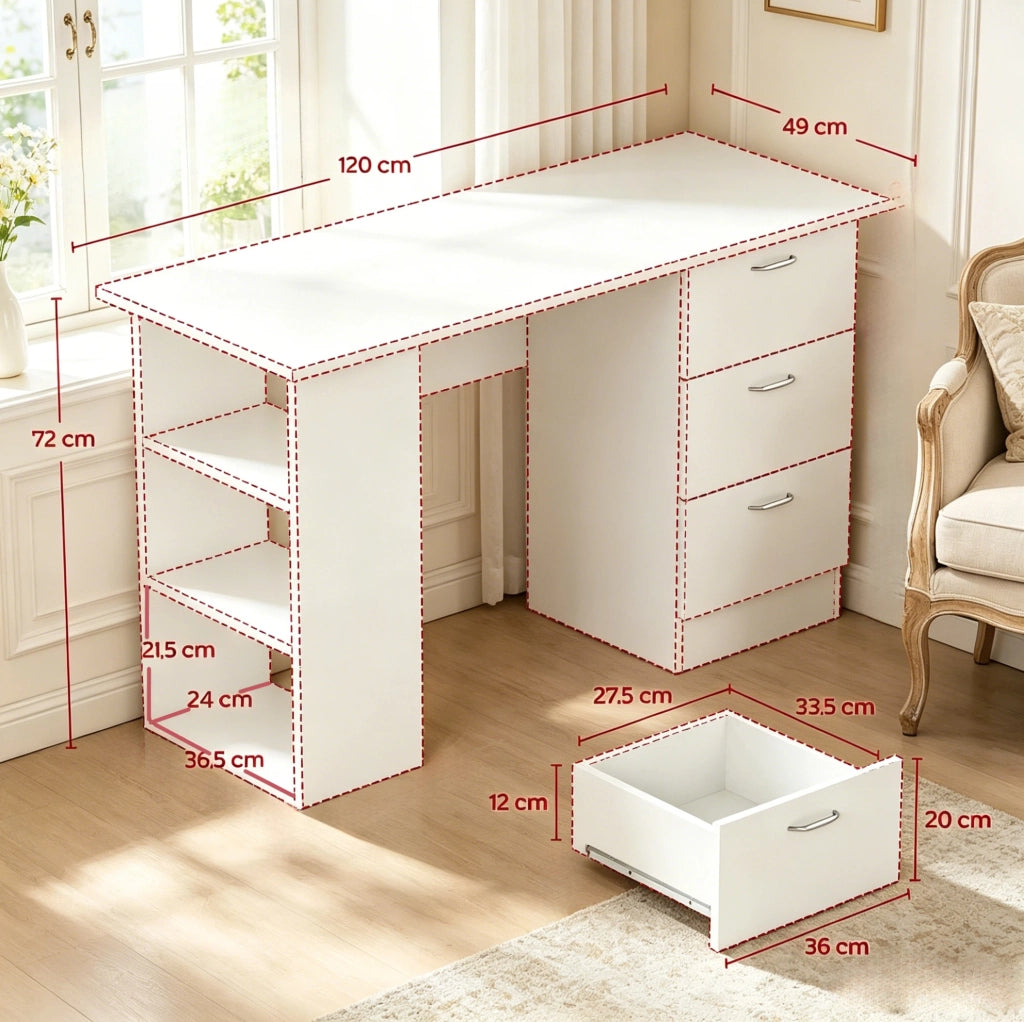 Scrivania per Computer con 3 Cassetti e 3 Ripiani 120 x 49 x 72 cm Bianca - Ideale per Studio e Camera da Letto