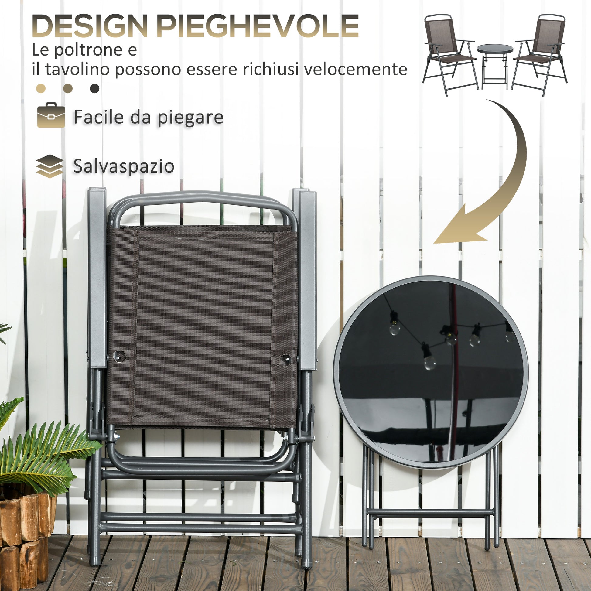 Set 3 Pezzi da Giardino con 2 Sedie 53,5x64x93 cm e Tavolino da Caffè Ø45x50 cm in Metallo Marrone