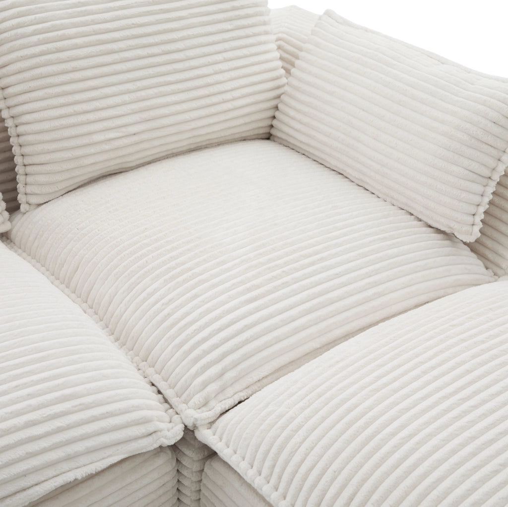 Divano modulare a 3 posti con pouf; tasche laterali; in corduroy beige 256x161x75 cm