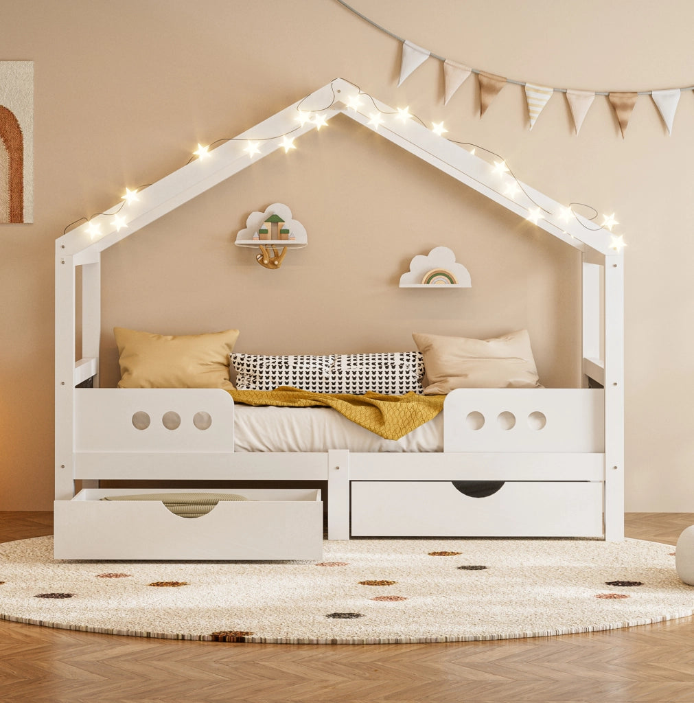 Letto per bambini 90x200 cm con tetto; 2 cassetti e lavagna in legno; bianco