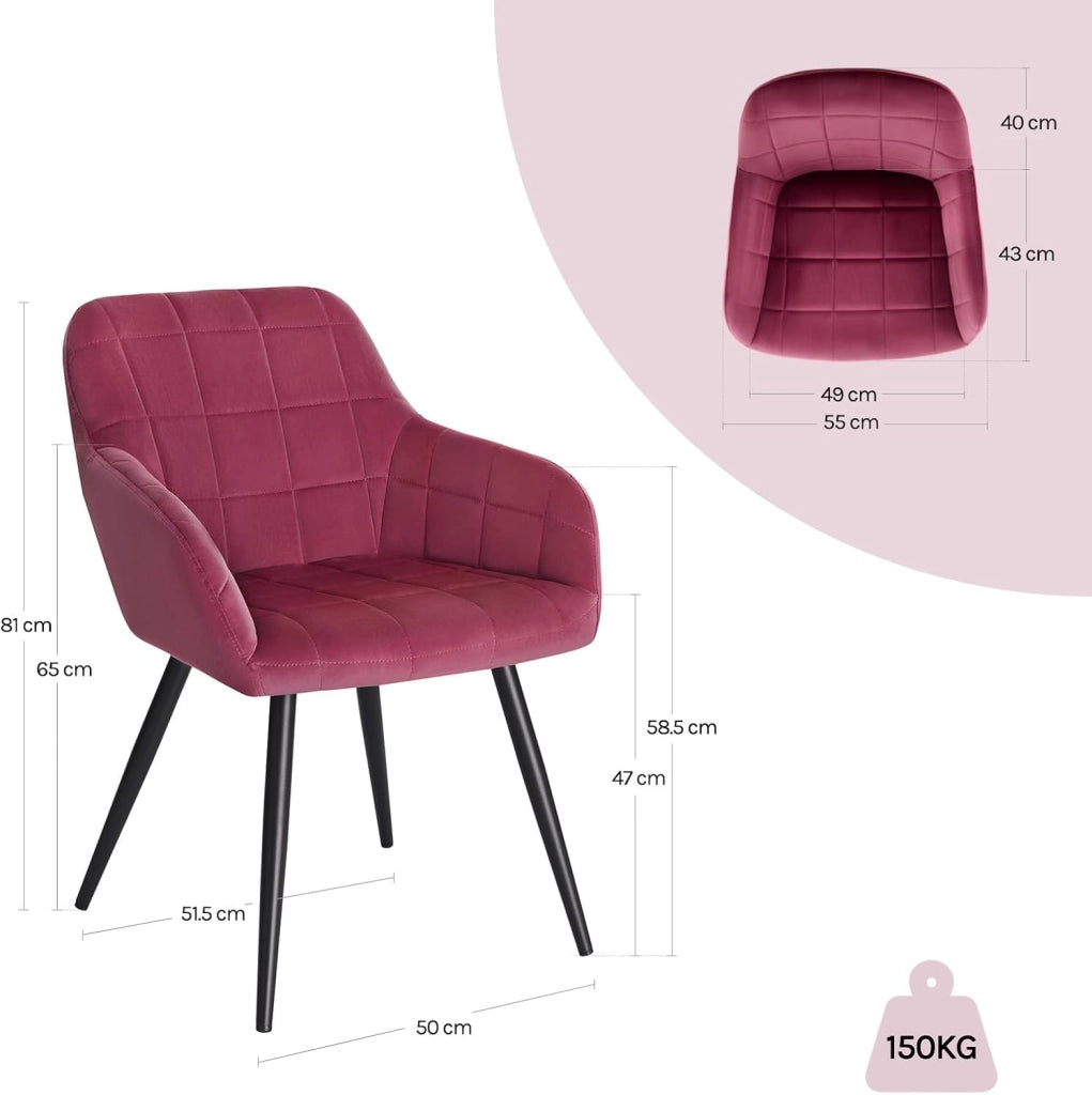 Set di 8 Sedie per Sala da Pranzo Imbottita, Poltroncina in Velluto,Sedia da Cucina con Braccioli e Schienale, Gambe in Metallo, moderne, Bordeaux, BH93bd-8