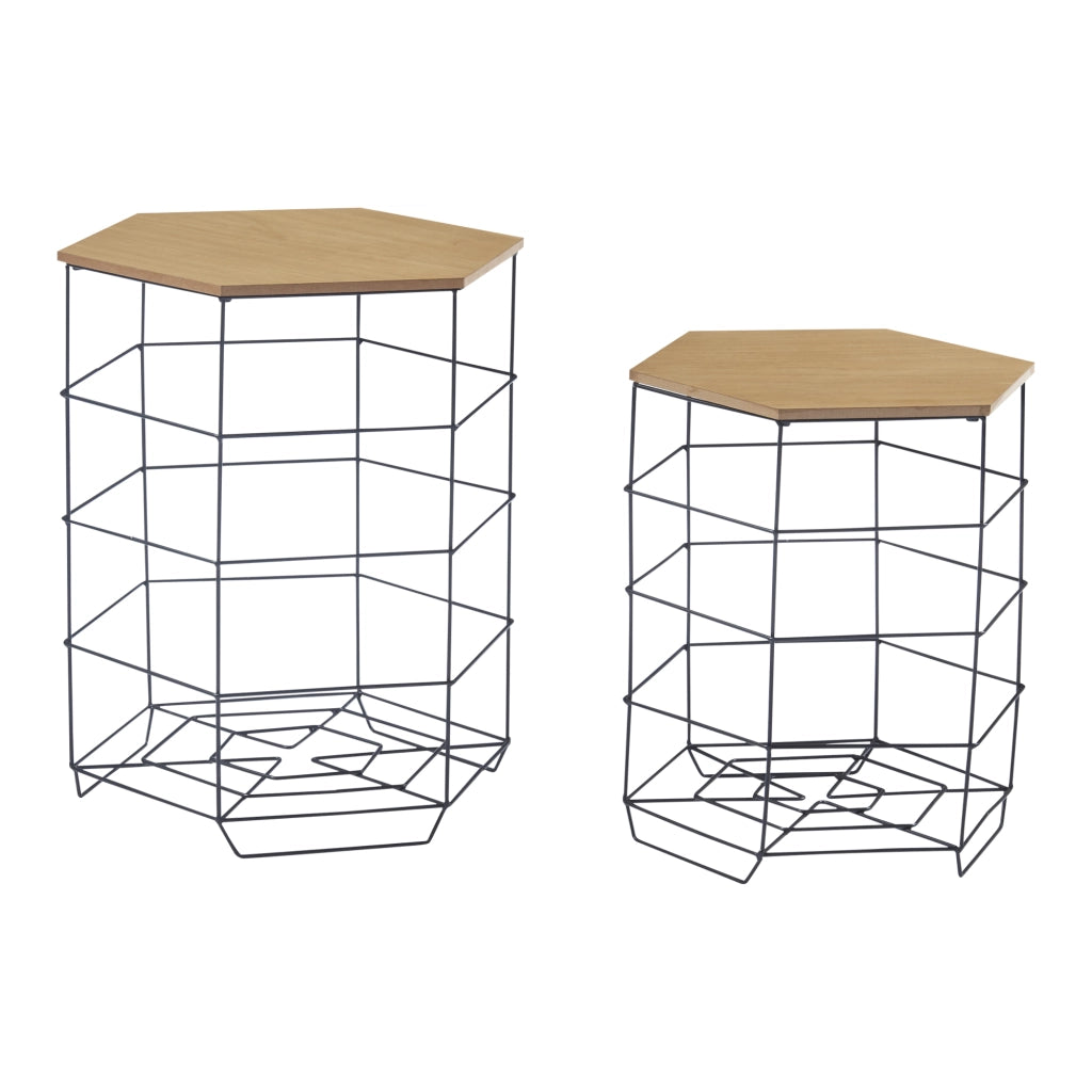 Set 'Hørsholm' da 2 Tavolini a Cestello in Misure Diverse 2 Tavolini Contenitori con Piano Esagonale Rimovibile Base in Metallo Nero Piano in Effetto Legno [en.casa]