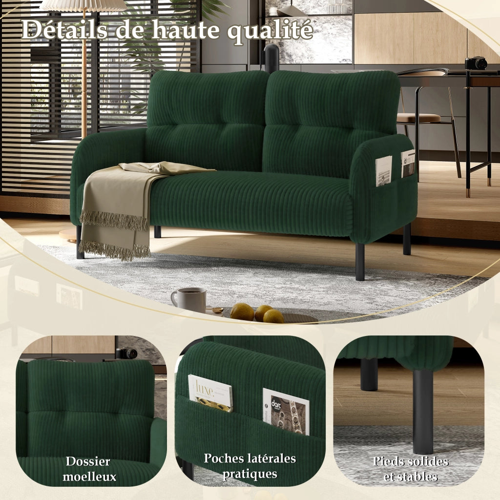 Divano 2 Posti con Schienale Ergonomico; Tasca Laterale e Seduta Profonda in Velluto a Coste Verde Smeraldo 120 × 75 × 79 cm