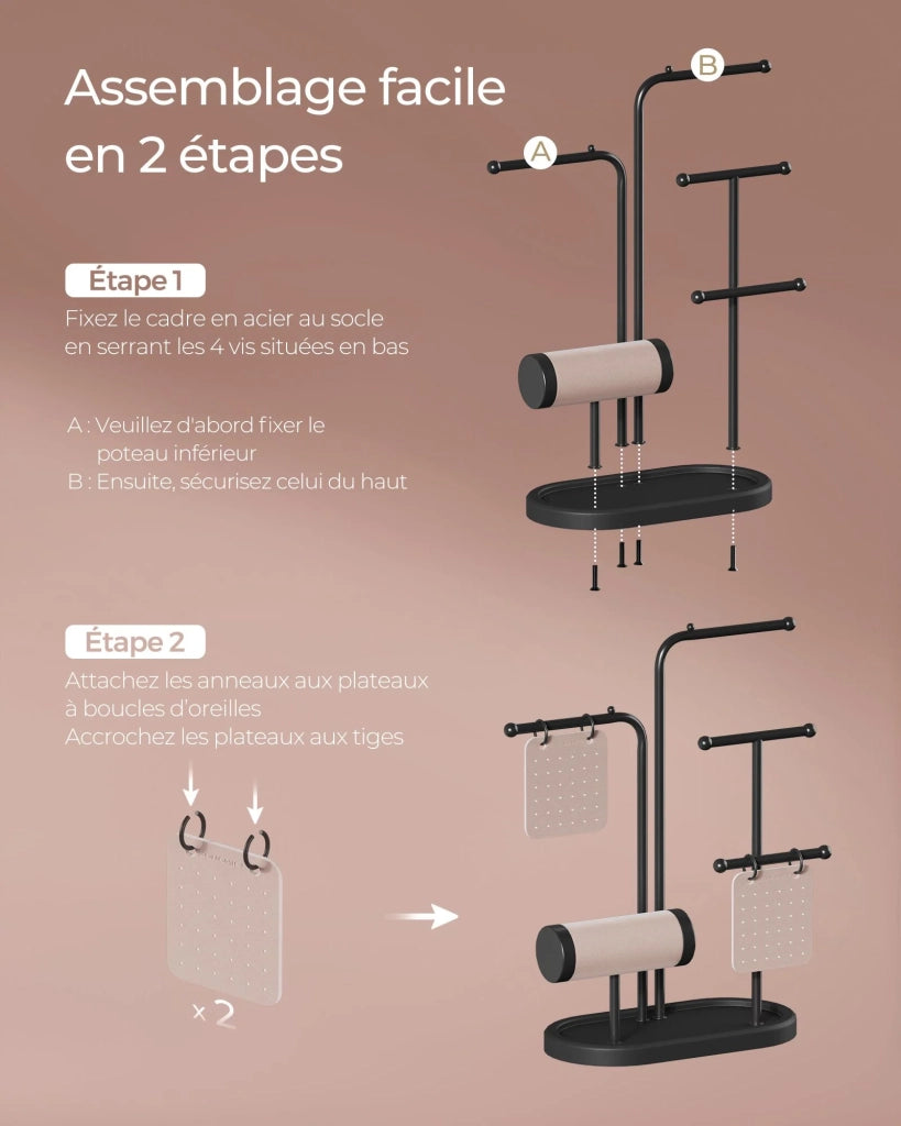 Espositore per gioielli regalo per la festa della mamma espositore in metallo con 2 piastre con occhielli e 6 aste per appendere 10,8 x 20,4 x 31,5 cm per collane orecchini braccialetti e anelli. 12_0007032