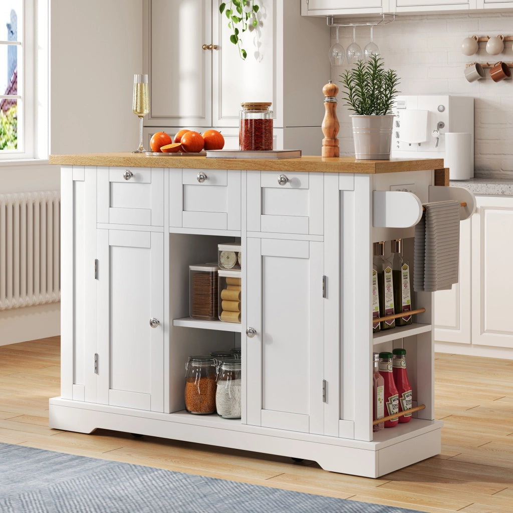 TAVOLO Cucina mobile con piano ribaltabile e presa USB 132x40/70x87 cm Bianco/Naturale