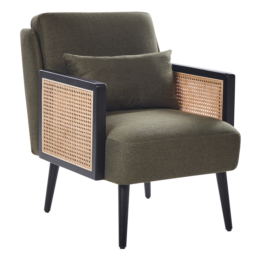 Poltrona verde con telaio nero Struttura in legno poliestere con intreccio in rattan Gambe in legno Tappi per gambe in plastica con cuscino Stile tradizionale Soggiorno Camera da letto