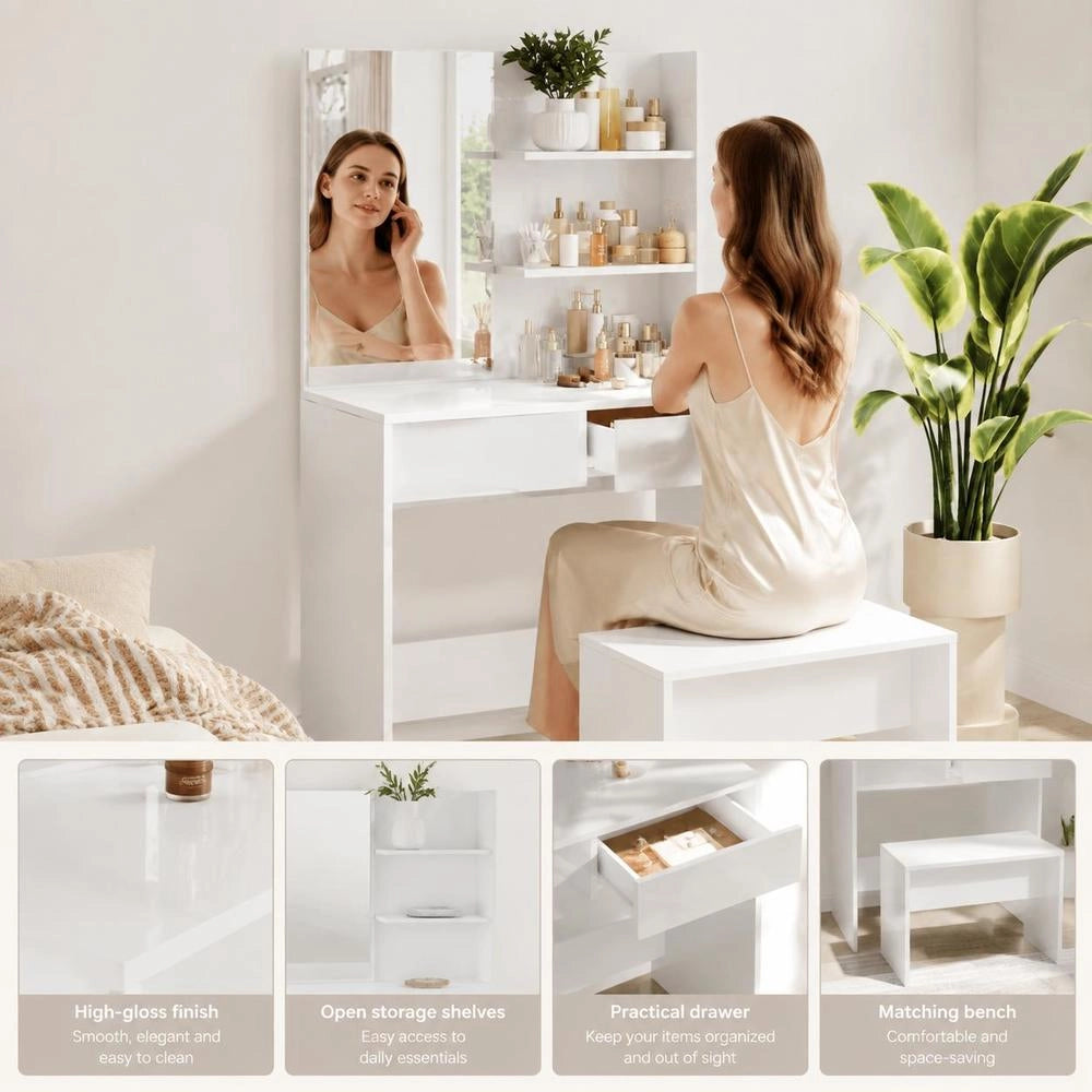 Dressing Table With Mirror, High-gloss White, 74.5x40x141 Cm