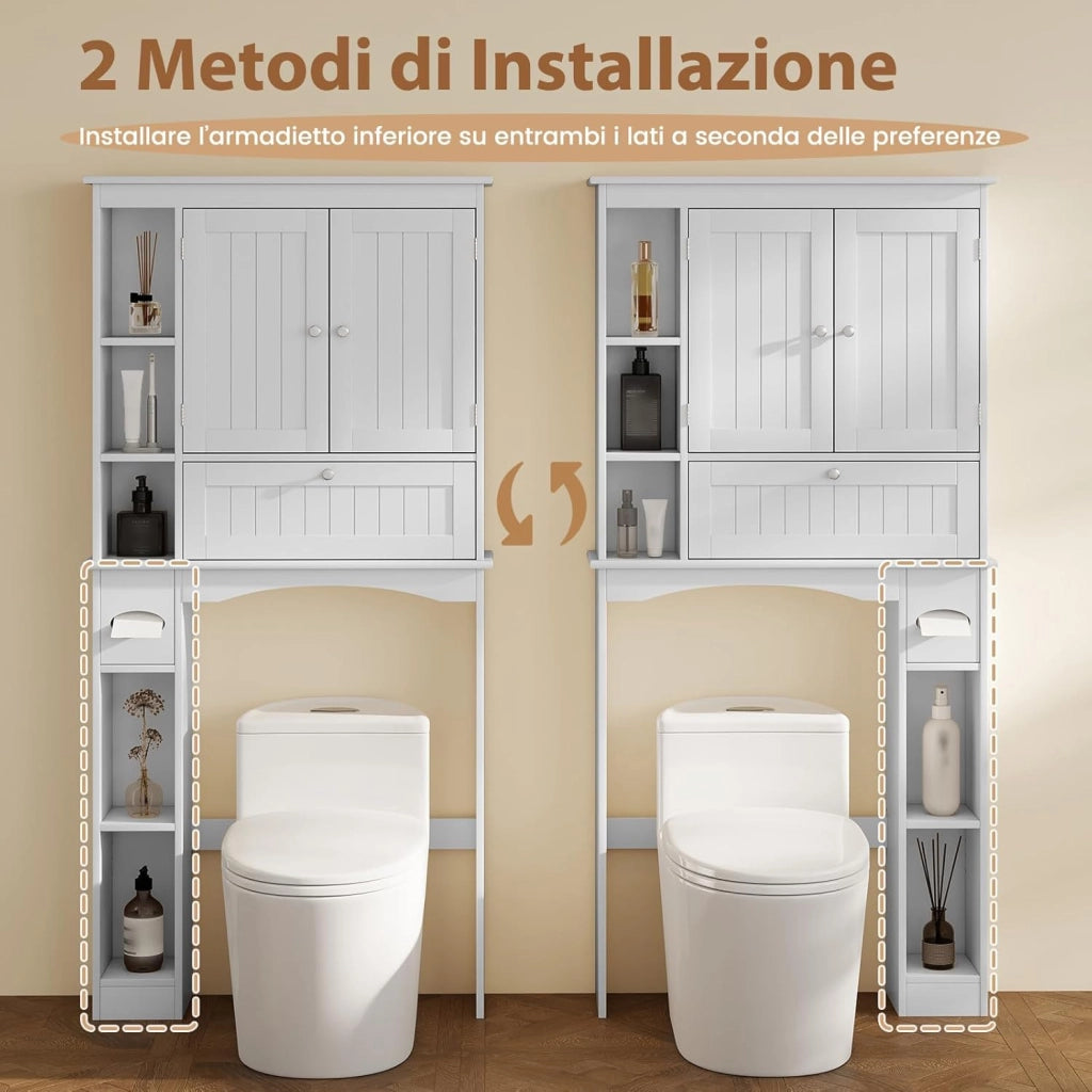 Mobiletto Spora WC 80 x 21 x 165 cm, Scaffale Lavatrice con 2 Ante, Ripiano Regolabile, Barra Inferiore e Porta Carta Igienica, Mobile Portabiancheria per Bagno