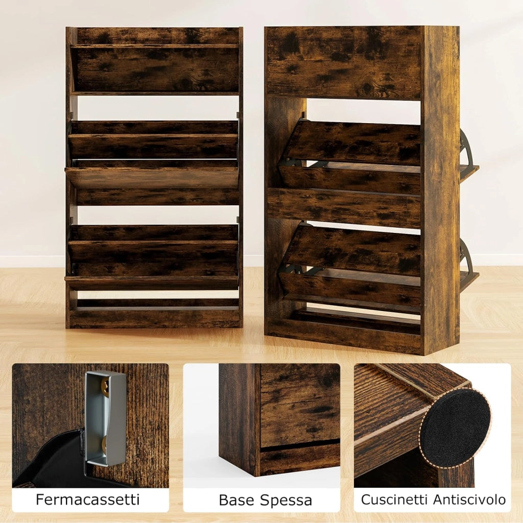 Scarpiera Slim in Legno, Portascarpe a 4 Livelli con 2 Cassetti a Ribalta, con Ripiano Aperto, Mobile Porta Scarpe per Ingresso Corridoio, 60x24x102 cm (Marrone)