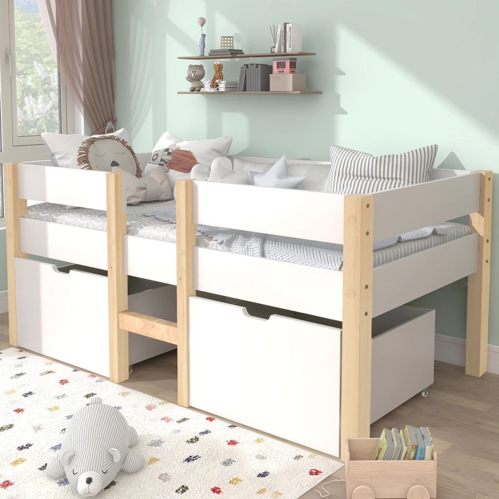 Letto bambino con cassetto e protezione anticasco in legno massello di pino bianco e rovere 90x190 cm