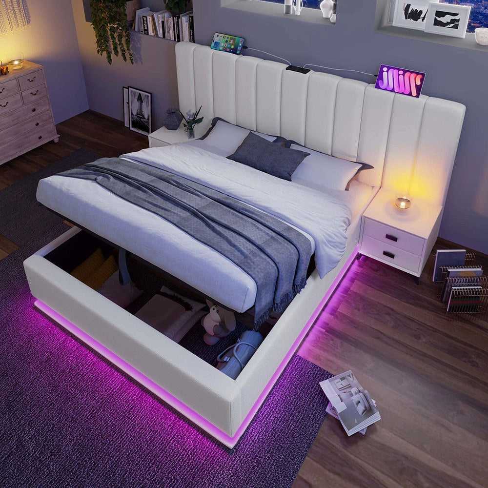 Letto imbottito con comando App LED e USB-C - Xylo - 160??200 cm - Bianco