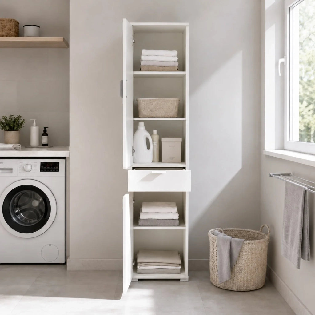 Armadio Colonna 2 Ante con Cassetto Bianco Già Montato | Mobile Multiuso Salvaspazio con Ripiani Regolabili | Armadietto Alto per Bagno, Cucina e Lavanderia