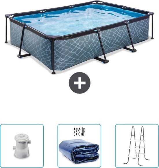 Piscina a forma rettangolare con cornice di pietra - 300 x 200 x 65 cm - Inclusa pompa - Velatura solare - Scala - Nuovo prezzo più basso