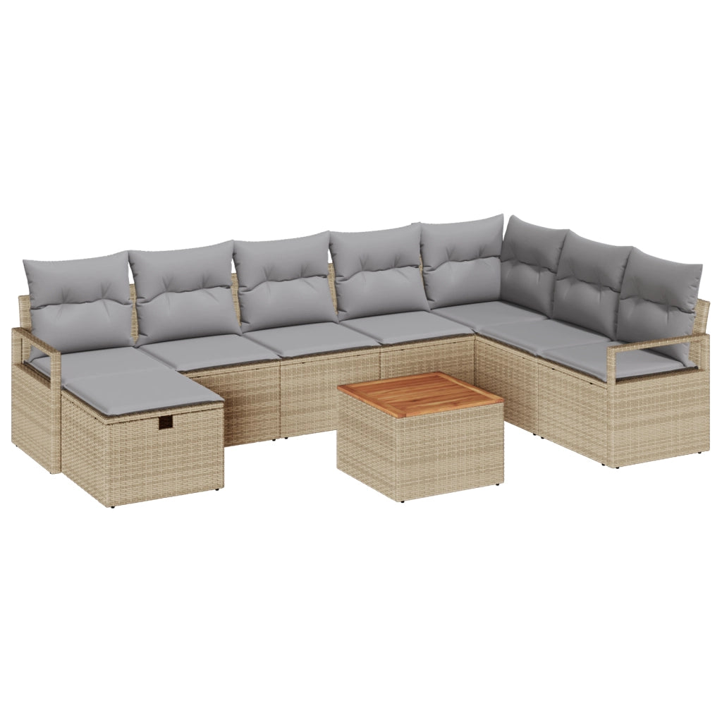 Set di divano da giardino  9 pezzi con cuscini beige polyrattan