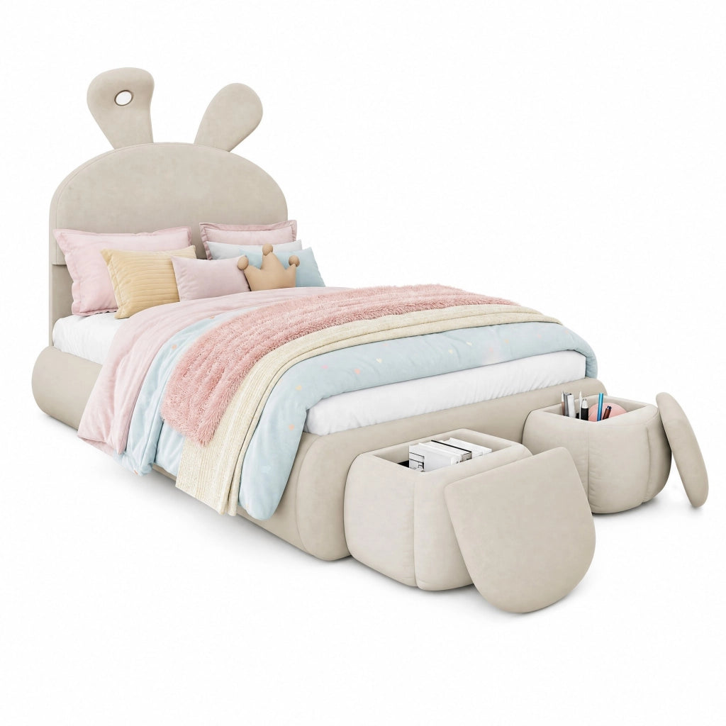 Letto imbottito 90x200 cm beige in velluto con LED e 2 pouf contenitore