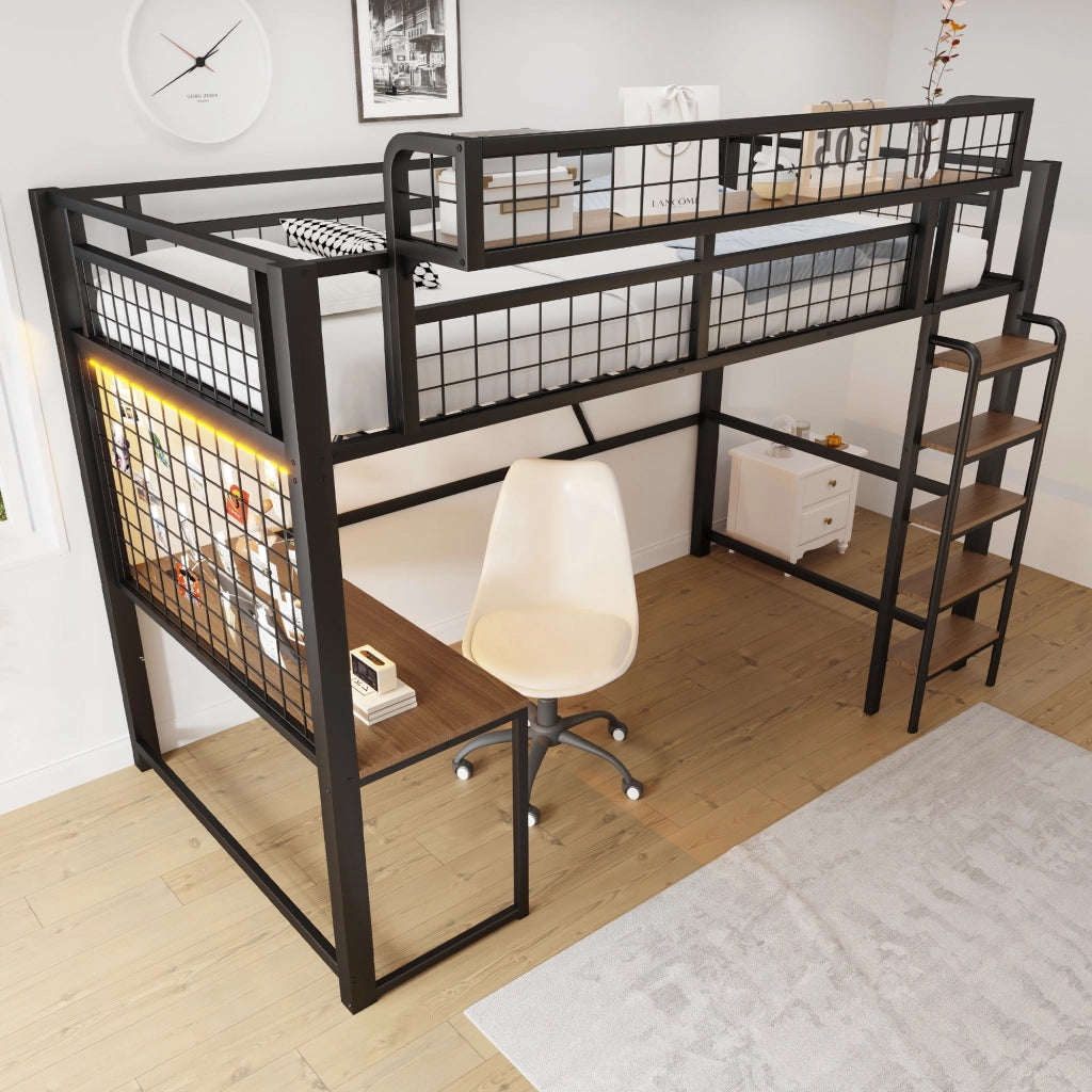 Letto a soppalco 90 × 200 cm con scrivania, rete portaoggetti, LED e presa, senza materasso, in metallo, nero