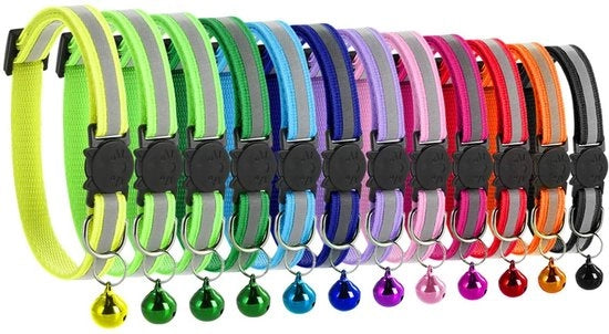 Collare Riflettente - Set da 12 - Adattabile 19-32 cm - Cinturino di Sicurezza - Chiusura Rapida - Colori Vivaci - Collare per Gatti