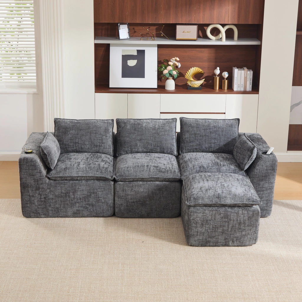 Divano modulare a 3 posti con tasche laterali cuscini e molle in ciniglia grigio scuro 256 × 161 × 75 cm