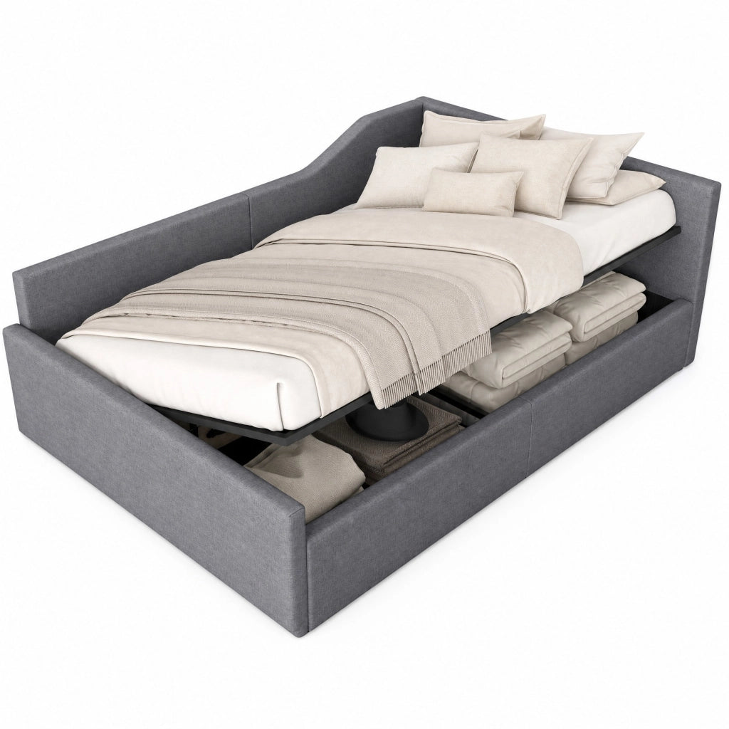 Divano letto con contenitore 140x200 cm in lino grigio; struttura imbottita moderna