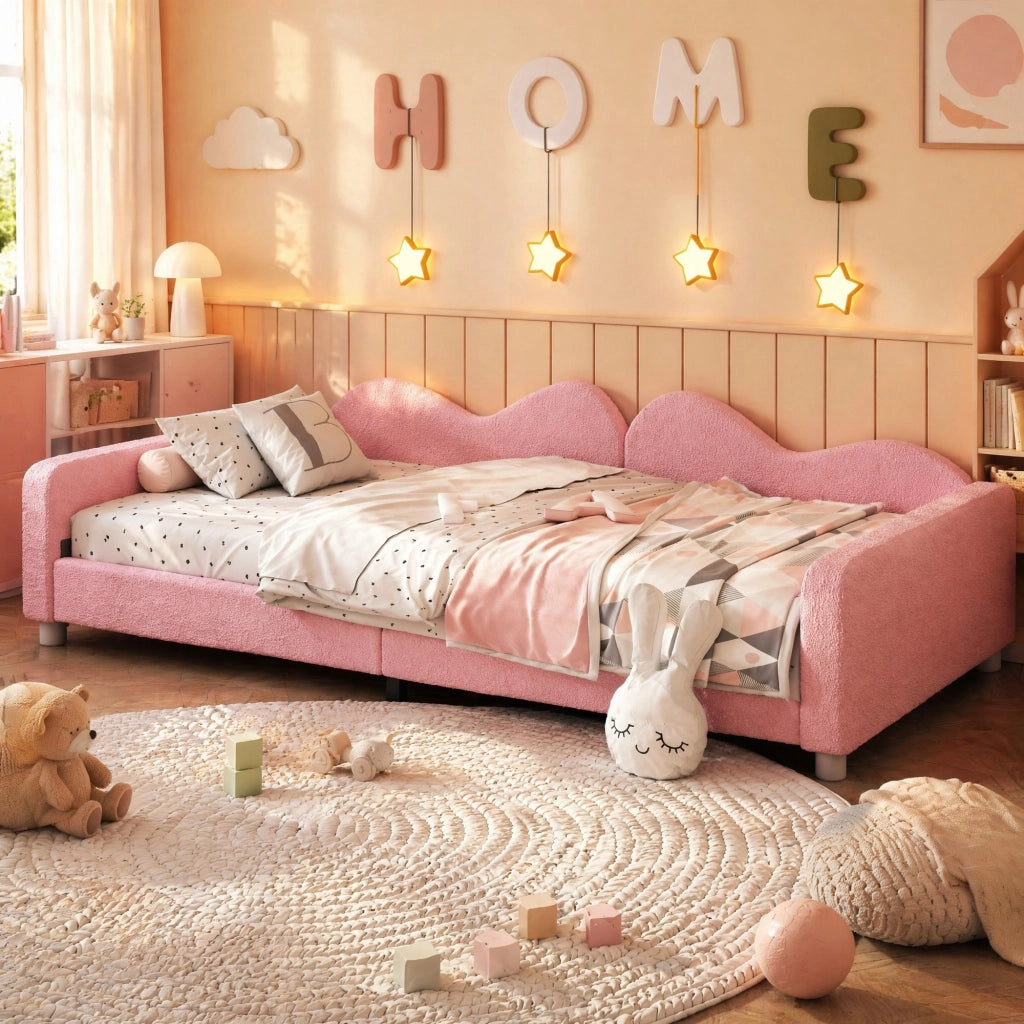 Letto imbottito multifunzionale con struttura a doghe, rosa