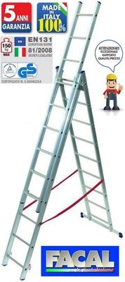 SCALA IN ALLUMINIO TRIPLICE TELESCOPICA FACAL 3 RAMPE X 8 GRADINI MT. 5,10