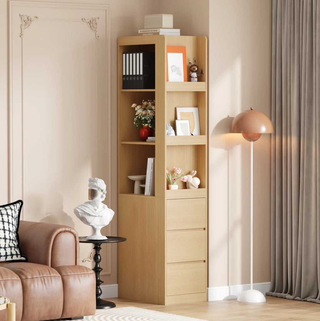 Libreria stretta alta 200 cm con 3 ripiani aperti e 3 cassetti; rovere
