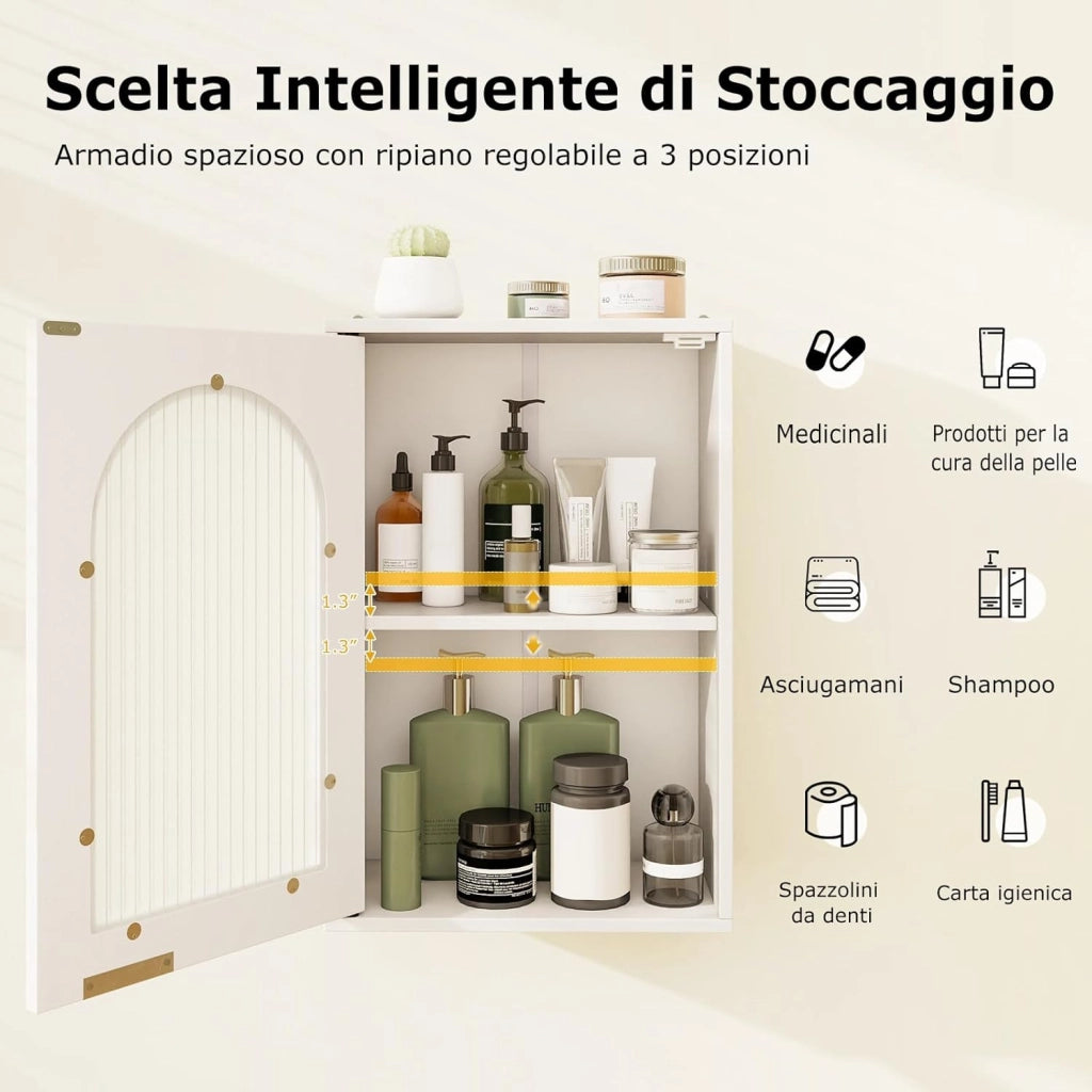 Armadietto da Parete 35 x 20 x 52,5 cm, Mobiletto Salvaspazio con Porta in Vetro Temperato e Ripiano Regolabile, Mobile Cucina per Lavanderia, Soggiorno e Bagno