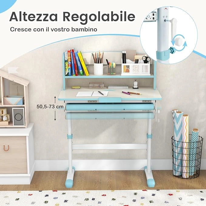 Scrivania per Bambini, Banco Scuola per 3-12 Anni Regolabile in Altezza da 50cm a 73cm con Piano Inclinabile 60°, Scrittoio Cameretta Multifunzionale con Libreria e Cassetto (Blu)