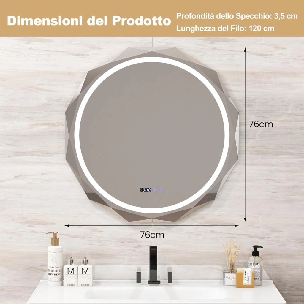 Specchio da Parete 76 x 76cm, Specchio Rotondo con Merletto con Temperatura di 3 Colori Continuamente Regolabili, Resistente agli Urti, Memoria, Lettura di Tempo e Temperatura