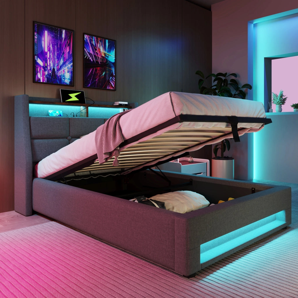 Letto imbottito 90x200 cm con LED, USB e vano contenitore