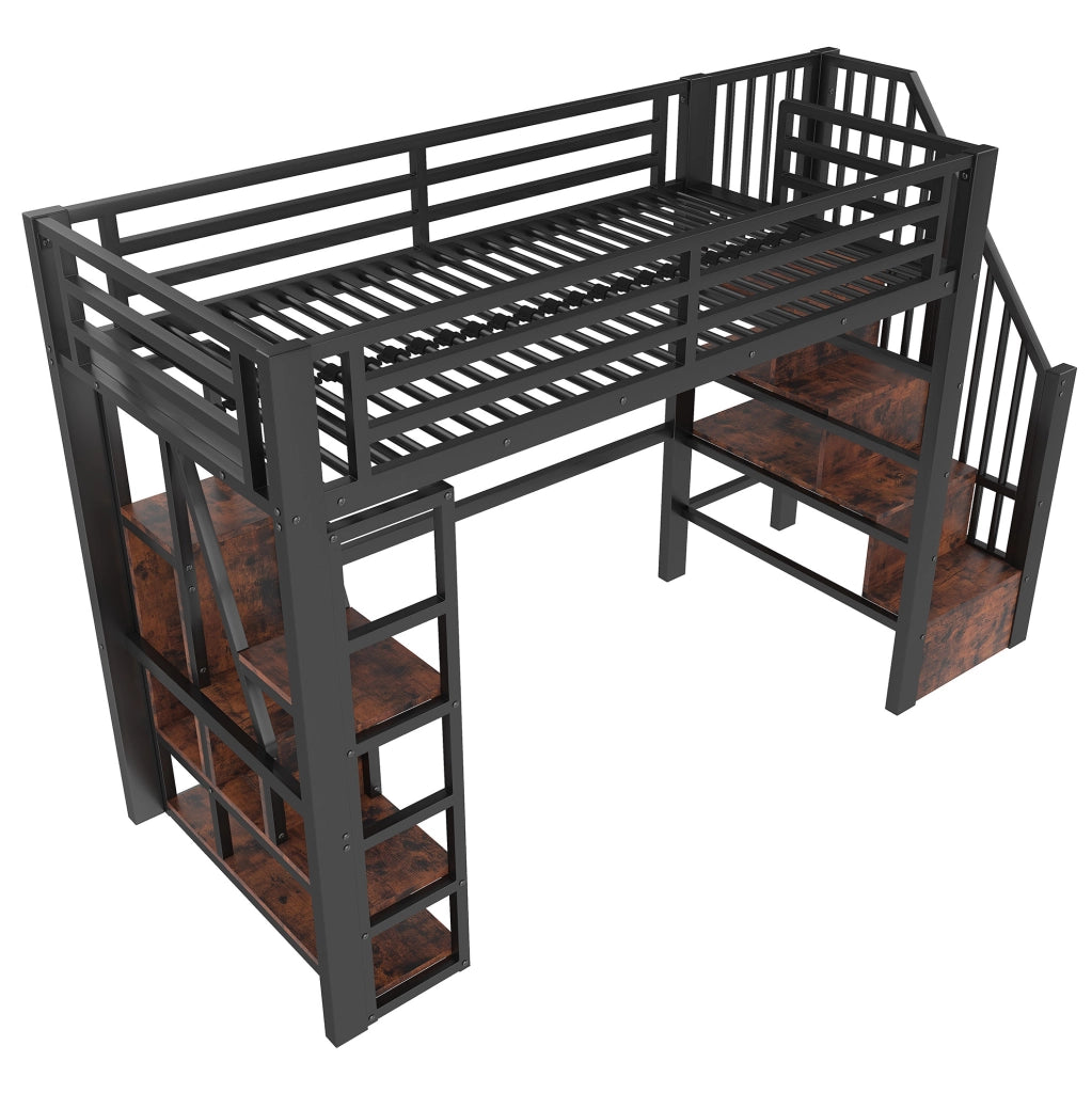 Letto a soppalco 90x200 cm in metallo e MDF con LED; scala contenitore e protezioni; nero